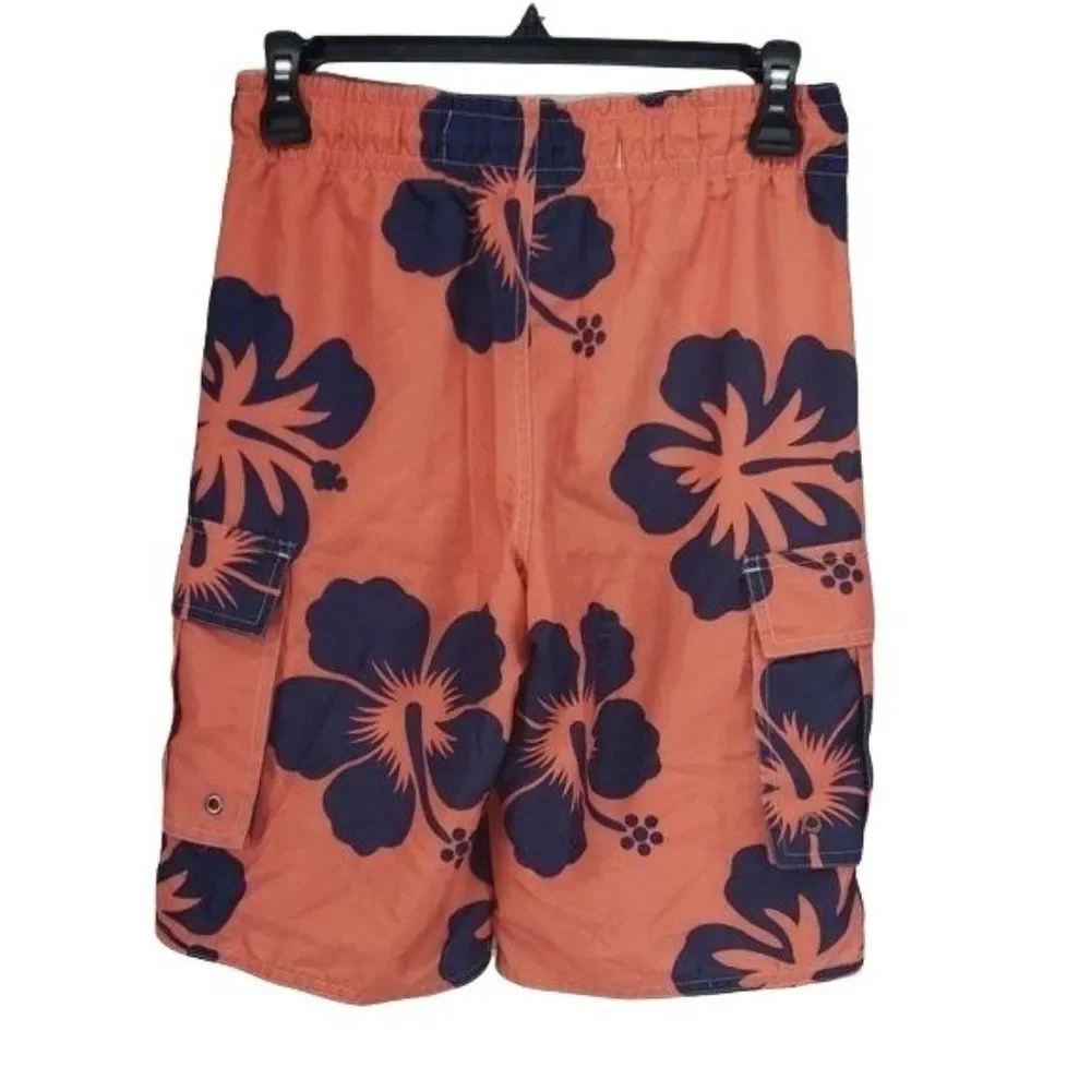 Red Camel Boys Orange Blue Floral‎ Hawaiian Swim Trunk Shorts Size Medium